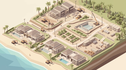 Fototapeta premium Aerial view of a luxury resort construction site with modern villas and swimming pools.