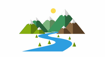 Fototapeta premium Stylized mountains with a winding river and scattered trees under a yellow sun