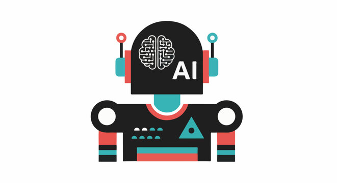 Stylized robot with brain graphic and AI text on black head