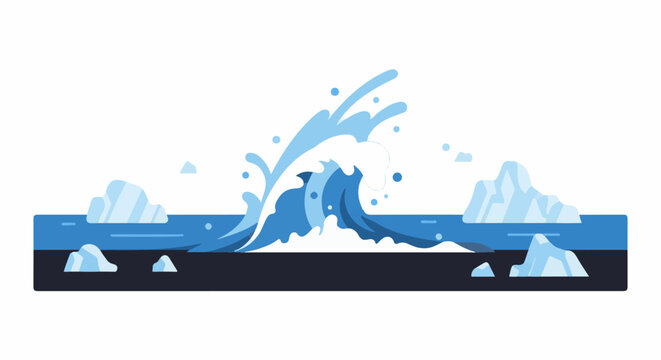 Stylized ocean wave crashing with scattered icebergs under dark sky