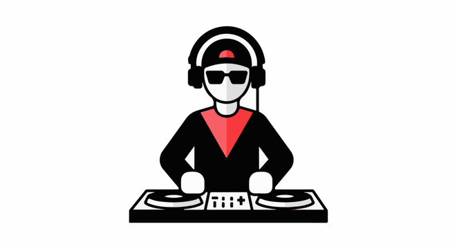 Stylized person with headphones and sunglasses at DJ equipment