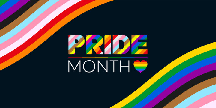 Pride Month banner with text and LGBT rainbow wavy flag, LGBTQ pride stripes background - vector