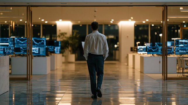 Solitary compliance officer walking empty trading floor after market close, commission free brokerage terminals dark and idle, footsteps echoing across polished surface while reviewing printed settl
