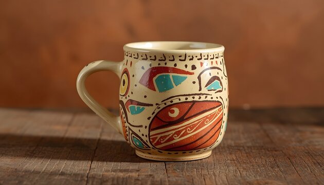 A ceramic coffee mug with intricate patterns .