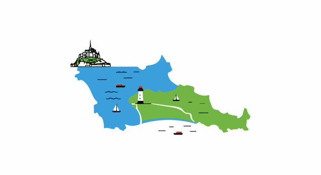 Stylized map shows coastal area with island abbey, lighthouse, boats, and sailboats
