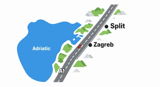 Stylized map showing the Adriatic Sea, a highway, and two cities, Split and Zagreb