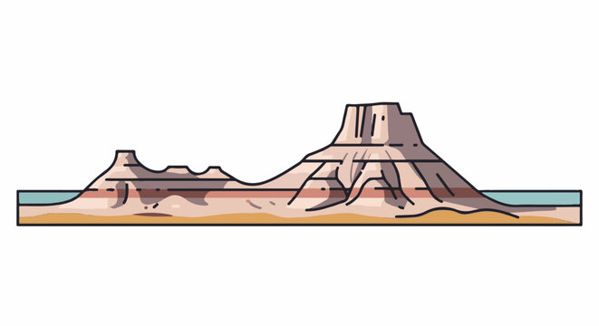 Stylized mesa and butte landscape with desert terrain and water