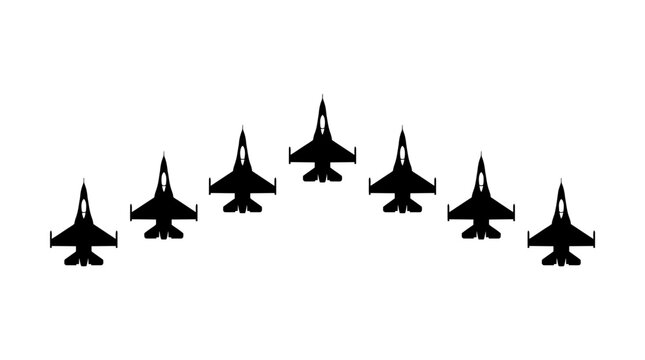 A formation of seven black fighter jet silhouettes arranged in an arc against a white background.