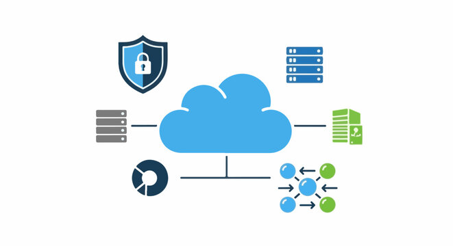 Stylized cloud diagram with data servers, shield, and network connections