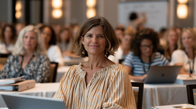 Military spouse workforce reentry seminar in hotel conference room, women seated with laptops and career portfolio binders, employment specialist writing salary negotiation tips on whiteboard, resou