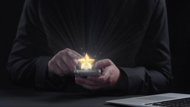 A person interacts with their smartphone, illuminated by glowing chat bubbles and golden stars, representing the importance of customer feedback and online ratings. Qubit