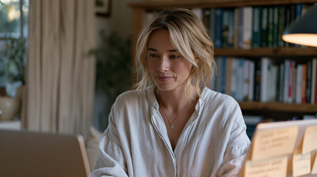 Intuitive eating counselor in casual home office setting conducting virtual session on laptop, notes about hunger cues visible on sticky notes around monitor, bookshelves with nutrition titles in ba