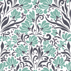 Art Nouveau seamless floral pattern, sage green and mauve damask PNG © Inna Sobolieva