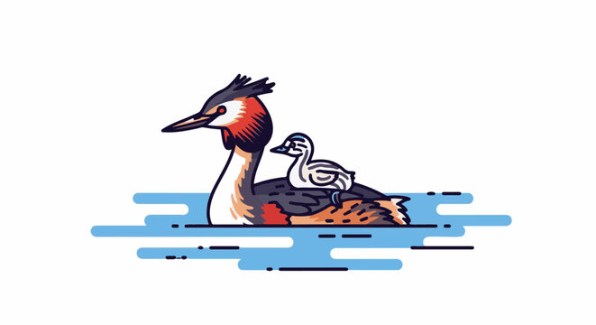 Stylized illustration of a mother bird with its chick riding on its back in water