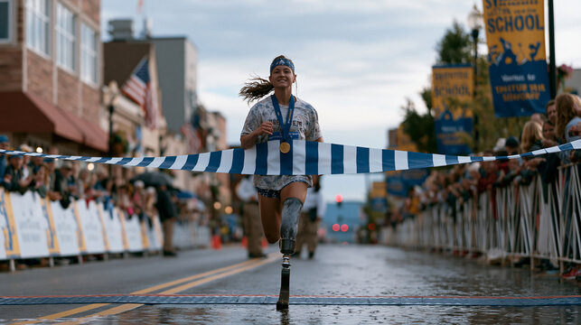 Female veteran marathon runner crossing finish line tape at early morning race, visible prosthetic running blade, finisher medal volunteers waiting ahead, spectators lining rain soaked course barrie