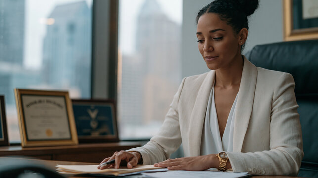 Female veteran small business owner reviewing SBA veteran loan documents with banker across polished desk, business plan binder open between them, framed unit citation on office wall behind her asse