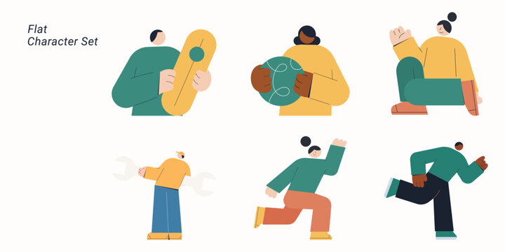Flat design collection of six diverse characters holding wrench, globe, skateboard and running poses, symbolizing various activities and professions, ideal for business and lifestyle content.
