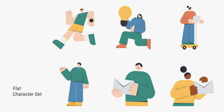 Flat design collection of six diverse characters running, holding light bulb, envelope, laptop on scooter and waving, ideal for business, communication, and lifestyle content.