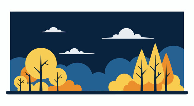 Stylized autumn trees and clouds under a dark night sky