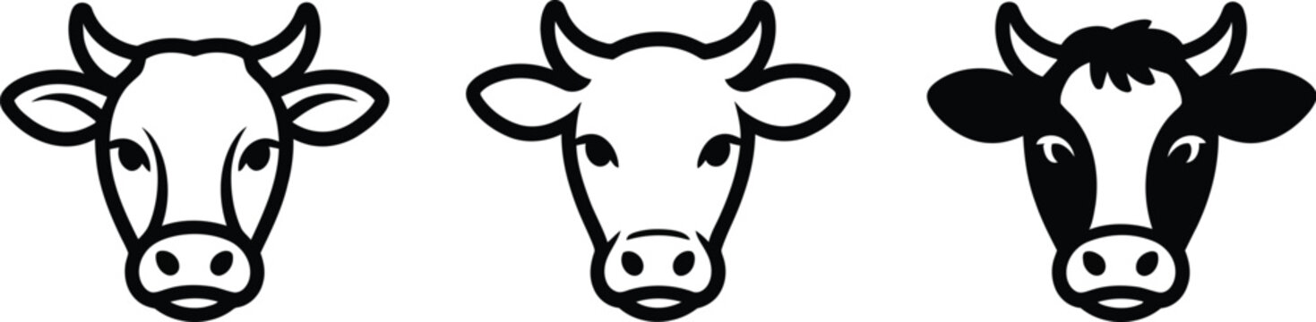 Cow head icon set with outline and silhouette styles farm animal face vector illustration isolated on white background