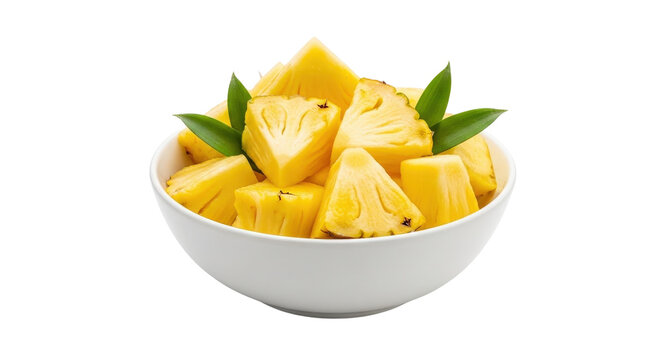 Fresh sliced pineapple chunks with green leaves in a white bowl yellow