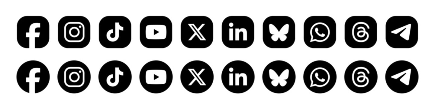 Social media logos in black circles and squares button, popular 2026 social media icons set