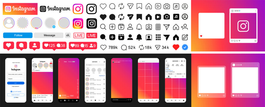 New Instagram post features design. Instagram new update template app screen, post, story, reels mockup frames. Like, heart, home, repost, comment, follow, share, notification functional icons