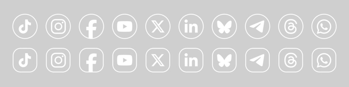 Social media logos in white outline circles and squares button, popular 2026 social media icons set