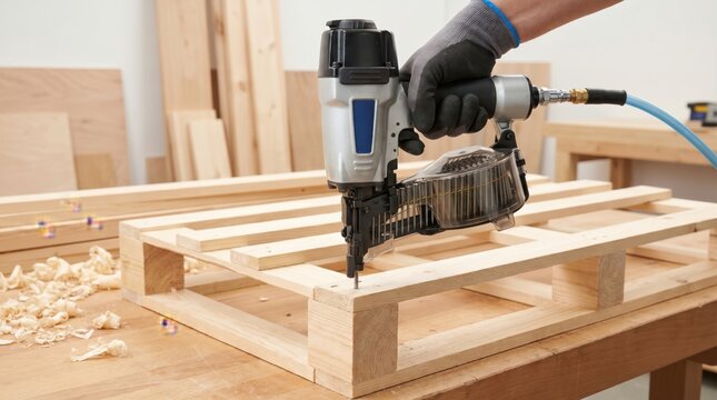 Man assembling wooden pallet with pneumatic nail gun in clean workshop. Carpenter at work on lumber structure. Woodworking and manufacturing process concept.