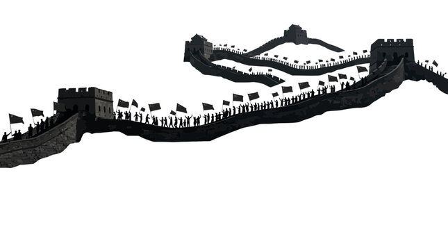 Silhouette of a large army marching along the Great Wall of China.