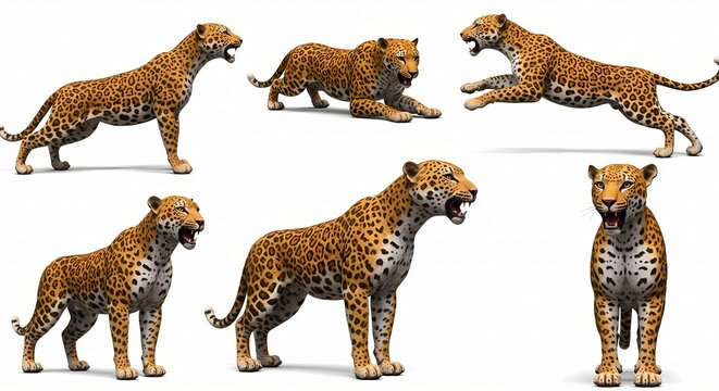 Jaguar wild cat set in various action poses like jumping and growling