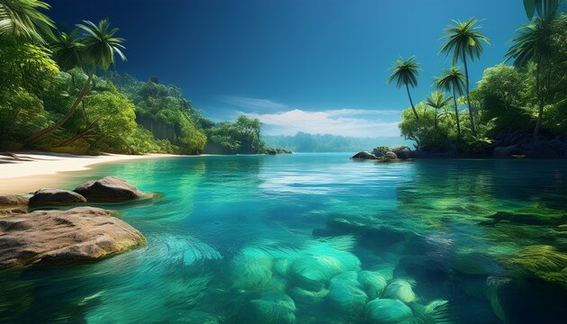 tropical paradise with crystal clear water surrounded by lush greenery