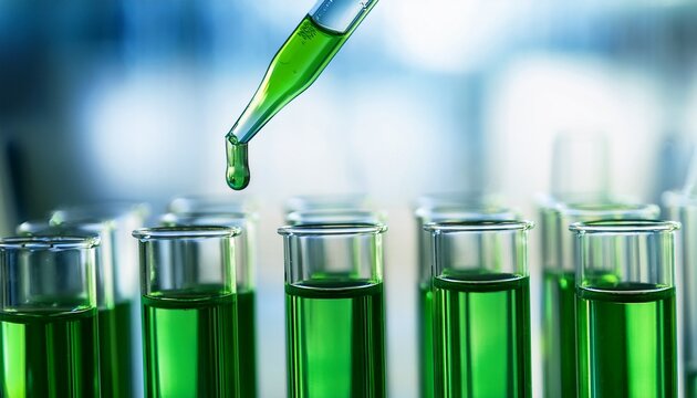 pipette dispensing green liquid into test tubes