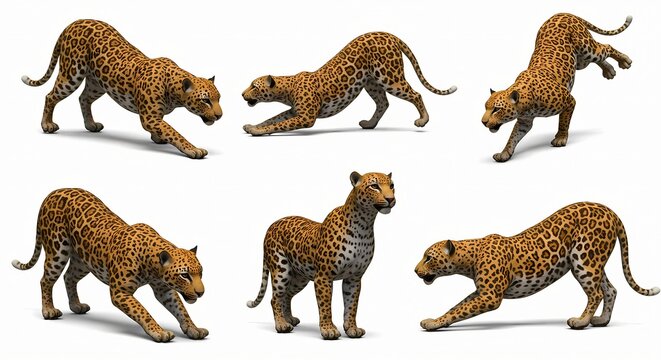 Collection of jaguar wild cats stalking and standing isolated on white background