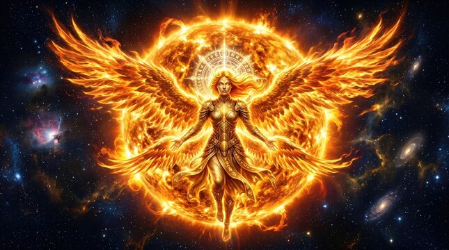Woman angelic warrior with fiery wings and golden armor before blazing sun orb. Mythical guardian in cosmic space background. Fantasy divine power and celestial protection concept