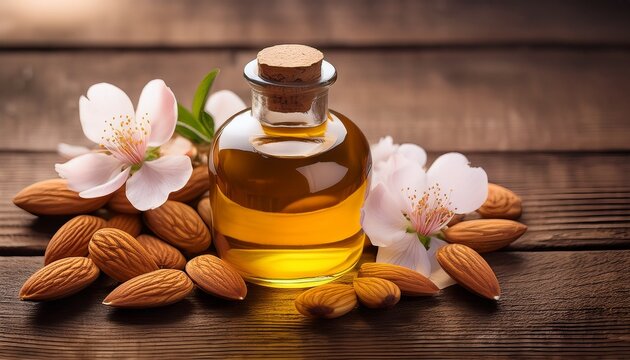 almond oil bottle with almonds and almond blossom on wooden surface floral branch natural organic oil for skincare beauty and culinary uses