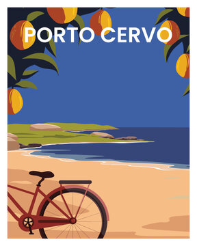 Travel poster with orange tree view on the beach. vector illustration with flat style