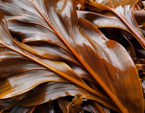kelp brown seaweed macro texture marine algae fronds wet coastal ocean blades natural aquatic botanical horizontal closeup