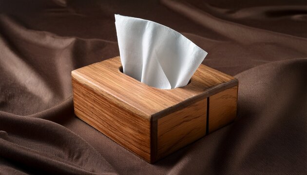 wooden tissue box holding napkin on folded fabric surface
