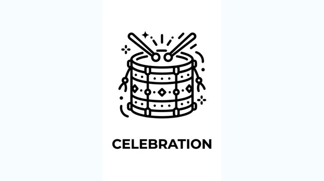 Minimalist line art illustration of a festive drum with drumsticks for celebration.