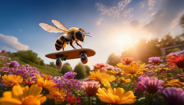 a whimsical image of a bee skateboarding over flowers perfectly captures a playful blend of nature and creativity emphasizing joy and freedom in its flight