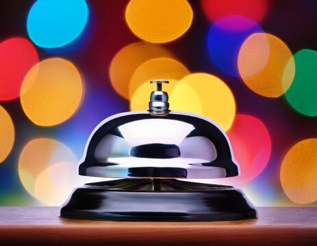 chrome reception bell with colorful bokeh lights in background
