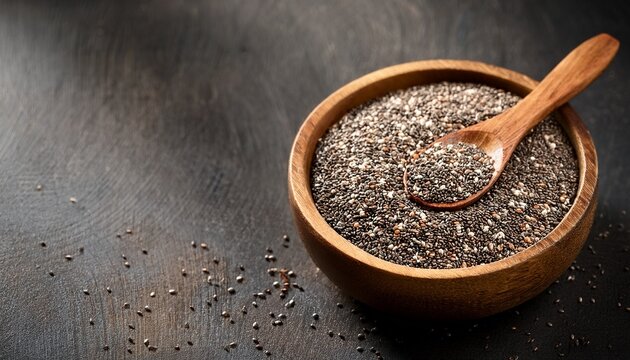 chia seeds in a wooden bowl with a spoon on dark table