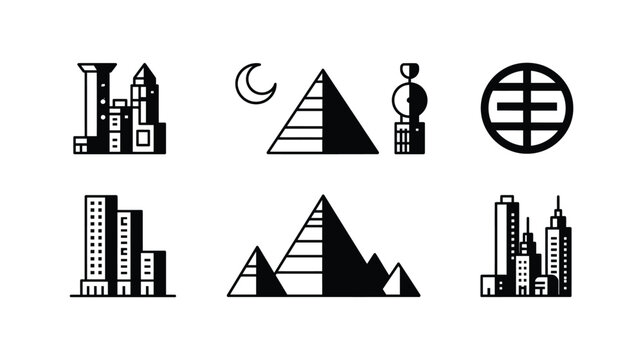 Landmark icons: skyscrapers pyramids globe moon ancient monuments