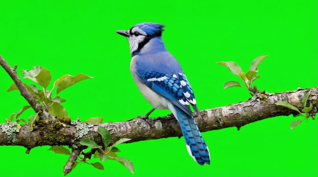 Video of a Blue jay bird are sitting in a branch on the green screen background