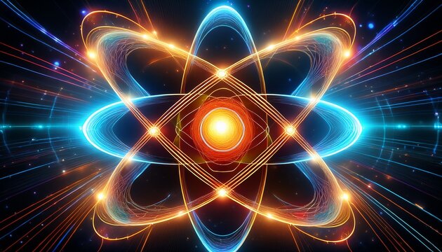abstract representation of an atom with electrons orbiting around a nucleus glowing with energy and vibrant colors against a dark background scientific background concept ai generated