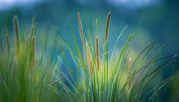a detailed close up of a sharp sedge carex acutiformis among soft focus stems the background shows a mix of light green and blue tones creating a calm and natural atmosphere