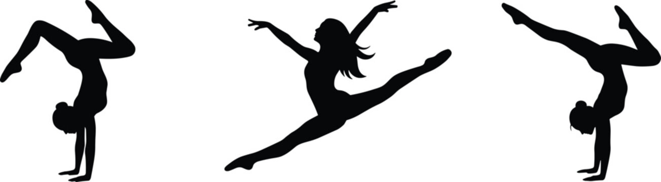 Set of Gymnast and Dancer Silhouettes Performing Acrobatics and Split Leap Poses Isolated on White Background