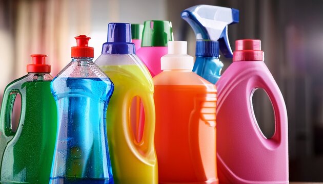 colorful array of household cleaning liquid bottles on blurred background