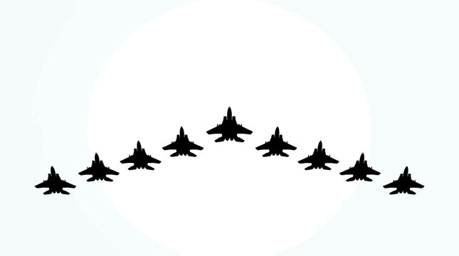 A formation of nine military fighter jets flying in a V shape against a bright sky.